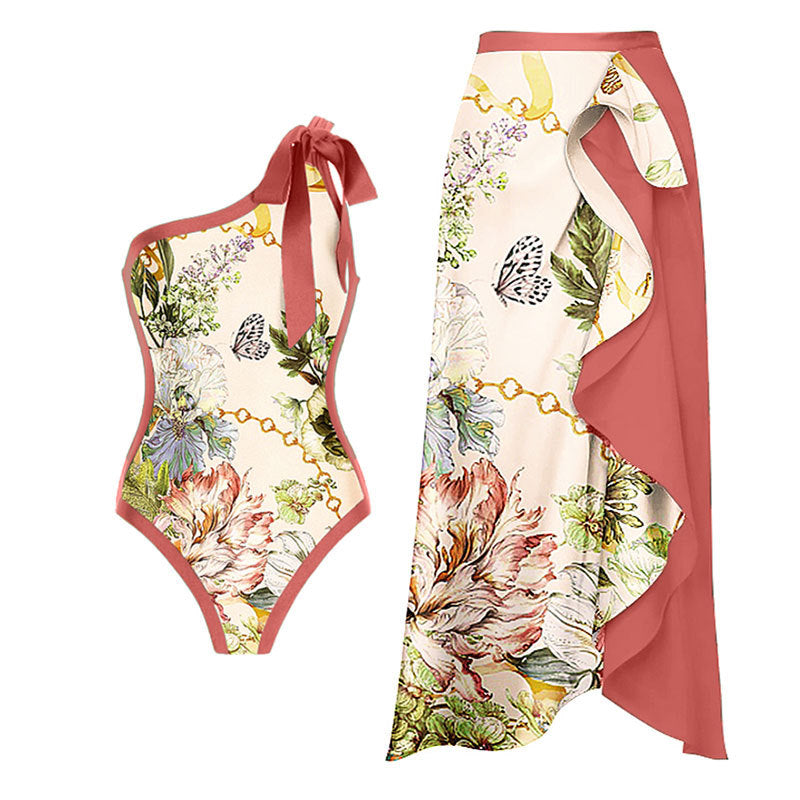 Sexy Swimsuit Retro One Shoulder Swimsuit Bikini Chiffon Beach Skirt Set Bella Mia